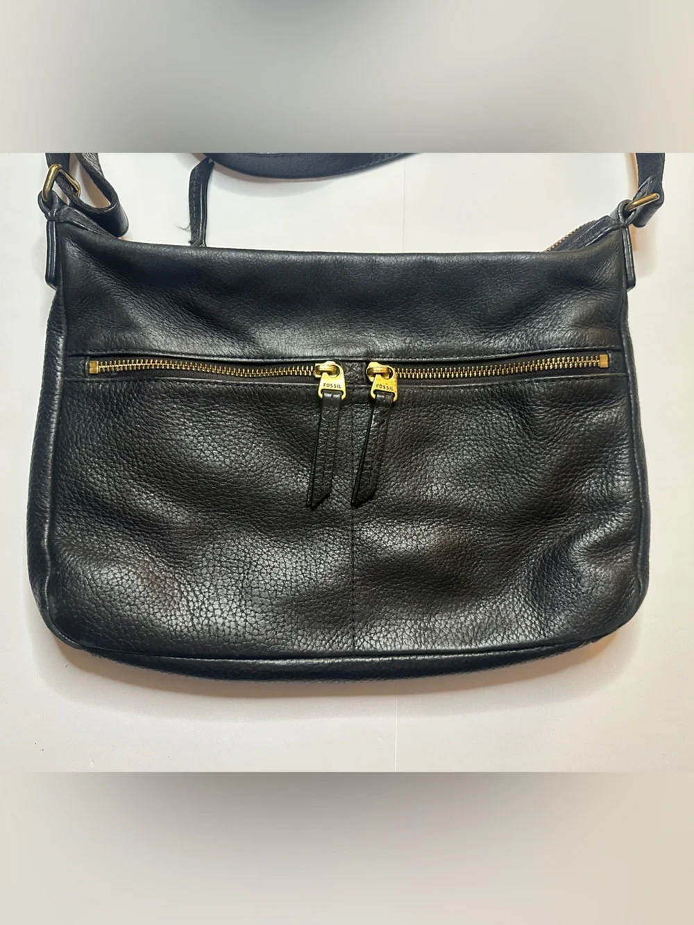 Vintage Fossil Black Leather Gold Detail Crossbody Bag